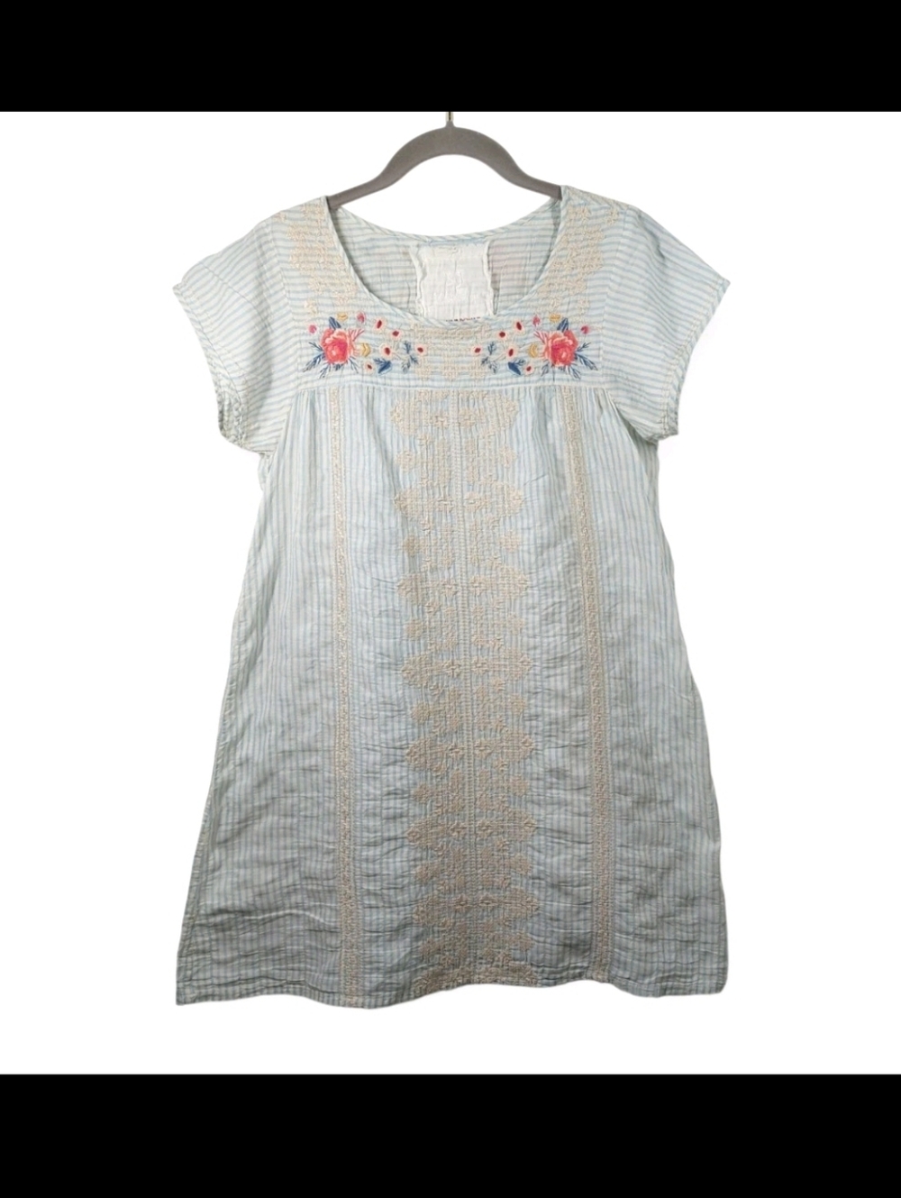 3J Workshop Johnny Was Boho Embroidered Mini Dress Size Small Pinstriped Floral